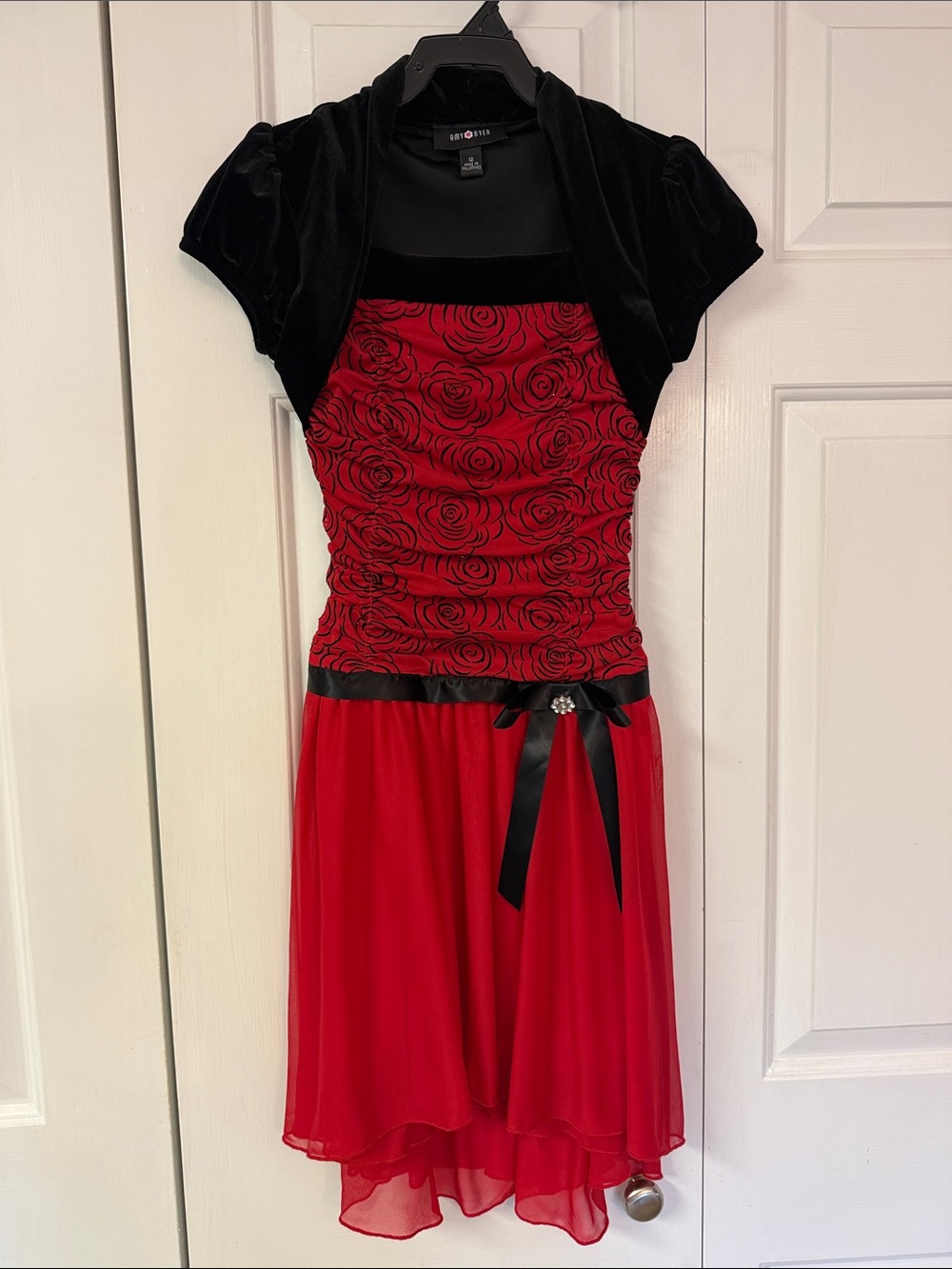Amy Byer Red and Black Rose-Print Chiffon Party Dress with Bolero